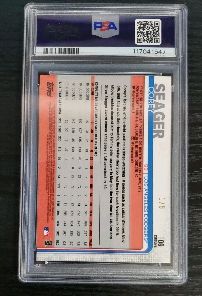 2019 Topps Chrome #106 Red Wave Corey Seager /5 PSA 9 view 2