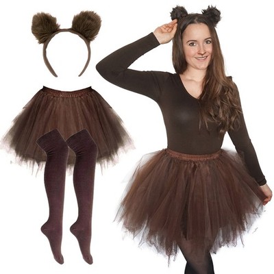 Bär Kostüm 3-teilig Tüllrock Ohren und Overknee Strümpfe Tutu Damen Bärchen