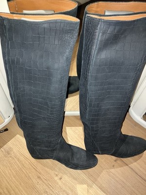 Lanvin Stiefel integrierter Absatz dunkelblau 39,5 Hochschaft Kroko Optik