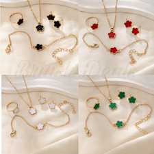 Women Clover Jewellery Set 4 Pcs Gold Tone Necklace Earrings Bracelet Ring Gift