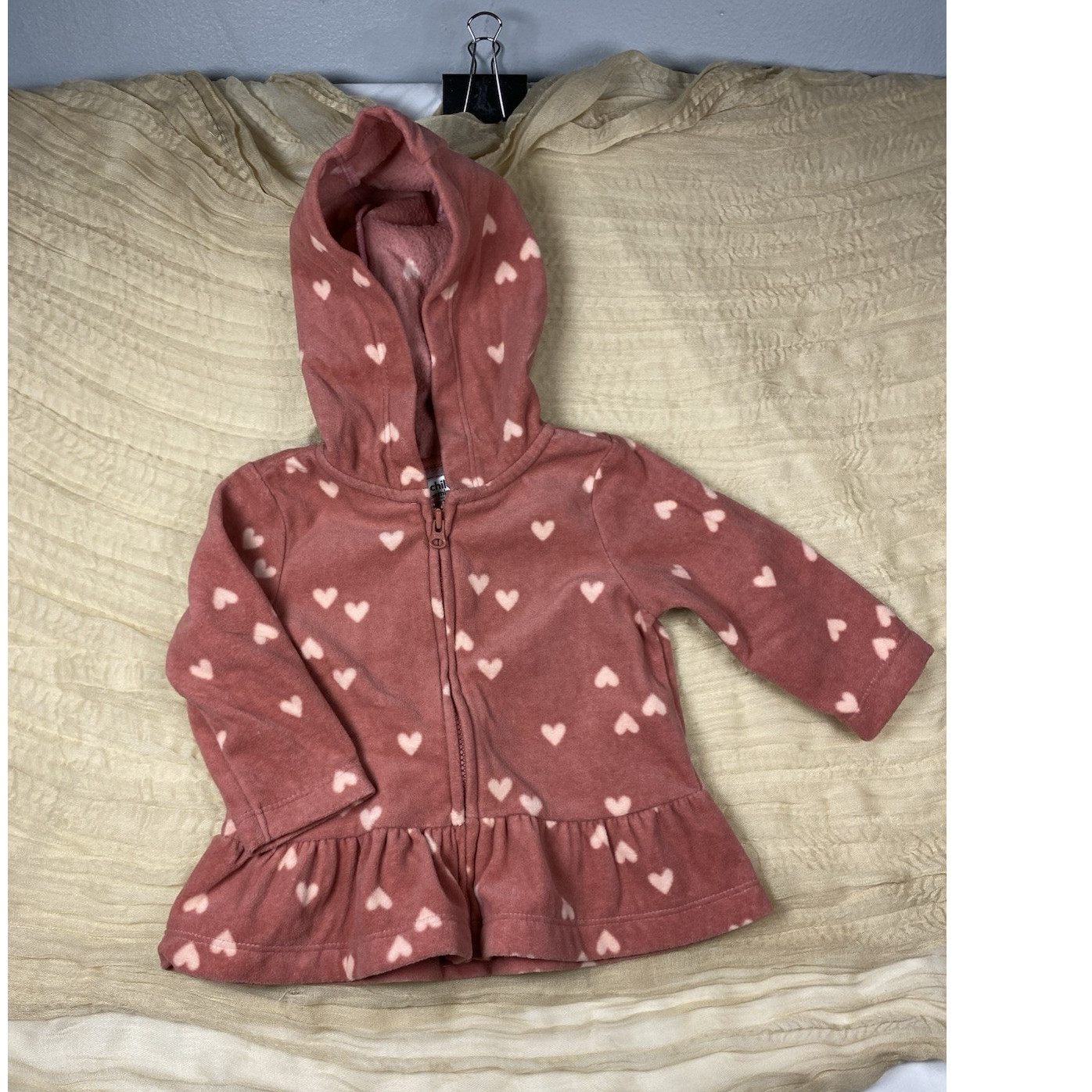 Child of Mine by Carter's Pink Heart Hooded Fleece Zip Sweater 3-6 Months