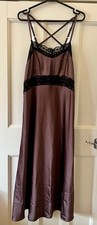 Anthropologie Brown Satin Midi Slip Dress With Black Lace Trim Size 14