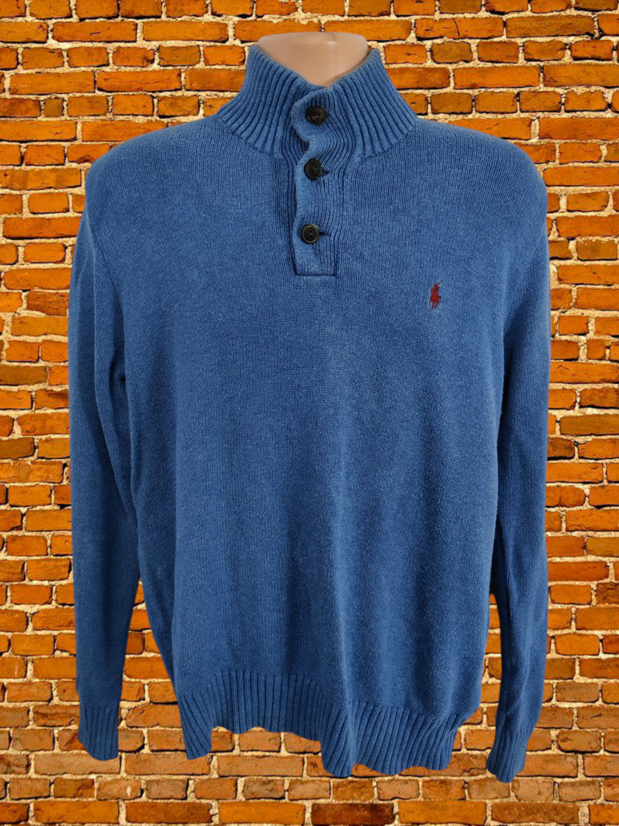 POLO RALPH LAUREN BLUE JUMPER LARGE COTTON MENS HIGH BUTTON NECK