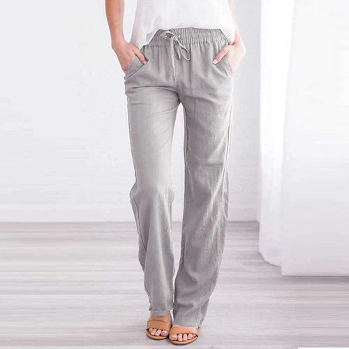Damen Gerade Elastische Taille Hose Kordelzug Baumwolle Leinen Freizeit Lockere Hose - Bild 21 von 43