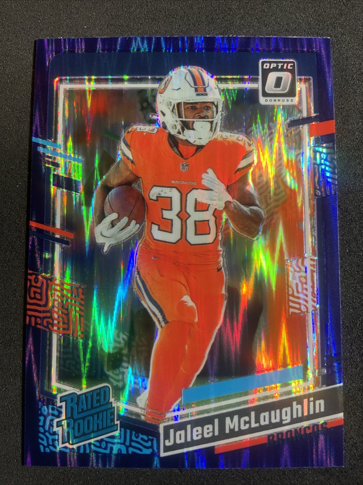 2023 Donruss Optic #232 Jaleel McLaughlin Purple Shock Prizm RC Denver Broncos