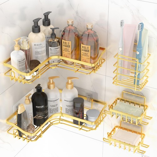 Gold Corner Adhesive Shower Caddy Rustproof Stainless Steel Shelves for Bathroom
