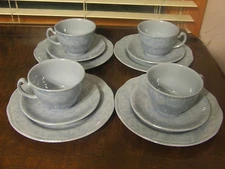 International Tableworks Damask Blue Salad Plate Cup Saucer 12 PC Set NEW