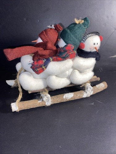 Christmas Winter Home Decor 3 Plush Snowmen On A Wood Sled