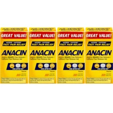 4 Pack Anacin Fast Pain Relief Aspirin & Caffeine Pain Reliever 300 Tablets Each