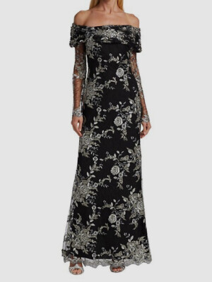 badgley mischka black lace dress $880 Women's Off-the-Shoulder Gown Size 8 Color:Brown Jacket With Black Pant