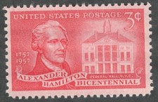 US. 1086. 3c. Alexander Hamilton (1755-1804) and Federal Hall. MNH. 1957