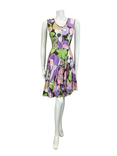VTG 60S 70S PURPLE GREEN BROWN PINK PSYCHEDELIC FLORAL SWING SUMMER DRESS 10 - Picture 2 of 10