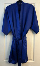 Vintage Frederick s of Hollywood Blue Shiny Satin Short Robe Pockets Large EUC