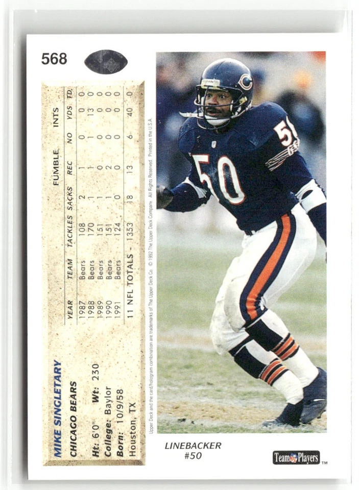 1992 UPPER DECK #568 MIKE SINGLETARY CHICAGO BEARS - Image 2 of 2