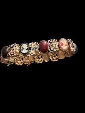 RARE VTG Camrose & Kross JBK Gold Gemstone Cameo Flower Bracelet W/Sz  Extender