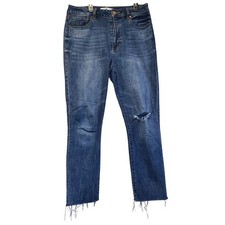 CAbi Higher Straight Jean Womens 8 Medium Wash Raw Hem Distressed Crop Denim