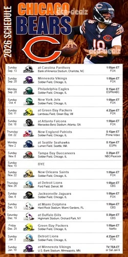 CHICAGO BEARS 2026 NFL Football Schedule Glossy LARGE Fridge Magnet 4" x 8"