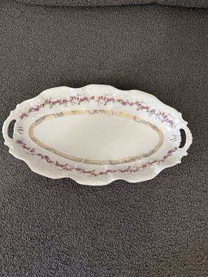 Vintage Porcelain Celery Dish Purple Floral Garland Gold Trim Embossed Handles