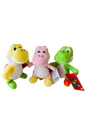 Set Of 3 Super Mario World Plush Green, Pink Yellow Yoshi Soft Toy 7 NEW