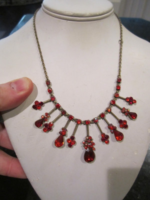 ARTISAN CRAFTED NECKLACE RED CRYSTALS METAL BLOSSOM DESIGN - 17''- BBA-16A
