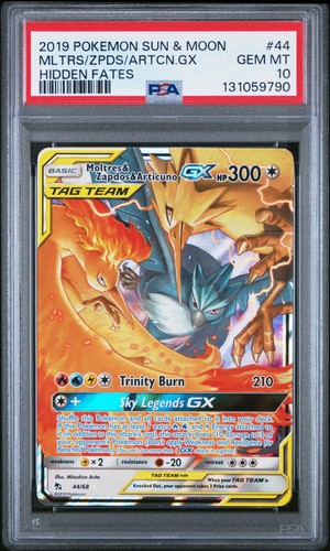 2019 POKEMON SUN & MOON HIDDEN FATES #44 MOLTRES & ZAPDOS & ARTICUNO GX PSA 10
