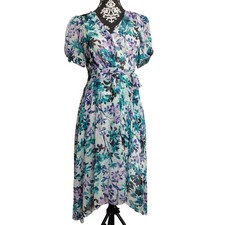 Women's Hi Low Floral V-Neck Short Sleeve Chaps Cottagecore Spring Dress - Sz 4