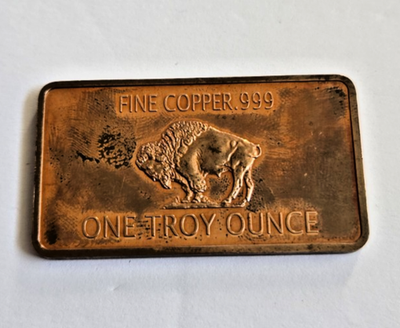 1 Troy Ounce Copper Bullion Bar American Buffalo Design .999 Fine