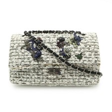 Chanel Tweed Leather Chain Shoulder Bag Women White One Size