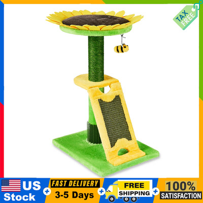 24'' Sunflower Cat Scratching Post w/ Sisal Perch Interactive Bee Toy 2-Level