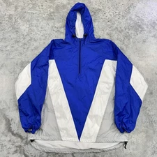 Eastbay Jacket Mens Medium Blue White Gray Hooded Pullover Windbreaker Retro 90s