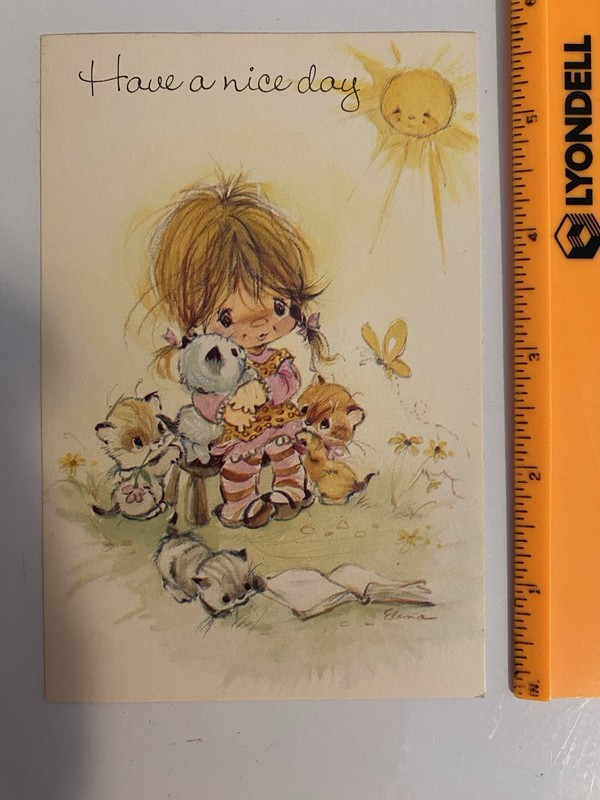 UNUSED 1977 Vintage postcard American greetings Have A Nice Day Girl W Kittens