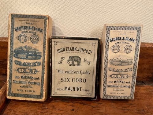 3 Antique Clark's O.N.T. Six Cord Spool Cotton empty cardboard Boxes