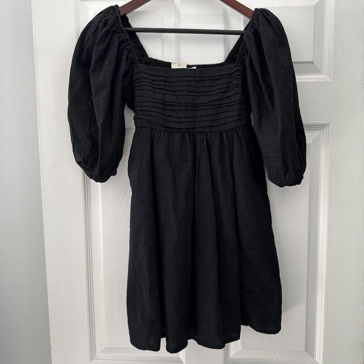 knee length dresses for ladies Black Linen-Cotton Maxi Dress by METAMORPHOZA. Long Sleeves, Structured Collar, and A-Line Silhouette. Minimalist and Made for Day-to-Night Wear. L main image 1