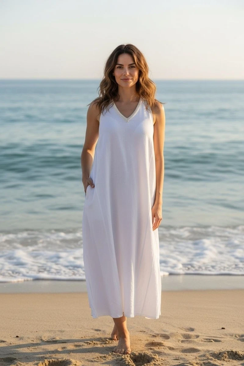 chinese dress ladies Calypso Linen and Silk Beaded Halter Dress, 8 main image 0