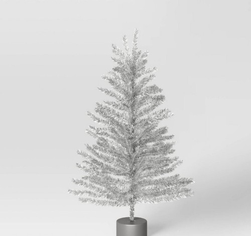 TABLE TOP TINSEL TREE 24 INCH SILVER VINTAGE RETRO LOOK SILVER BASE WONDERSHOP