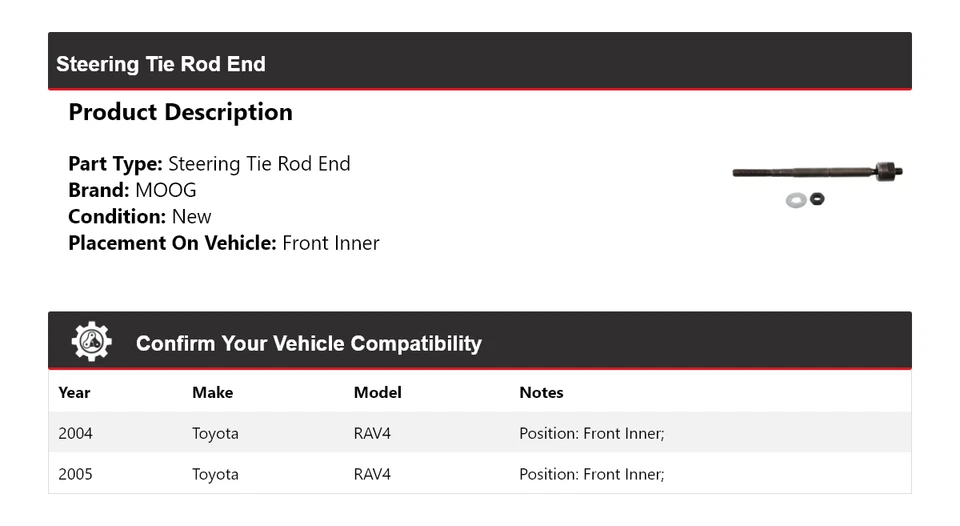 Para Toyota RAV4 2004-2005 extremo de barra de dirección interior delantero MOOG Foto 2 de 3