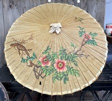 Vintage Japanese Hand Painted Floral Parasol Umbrella Rice Paper  Bamboo 36"