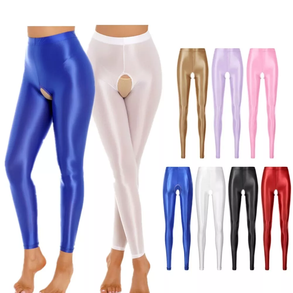 Womens Glossy Oil Stretchy Pants Solid Color Open Crotch Leggings Sweatpants