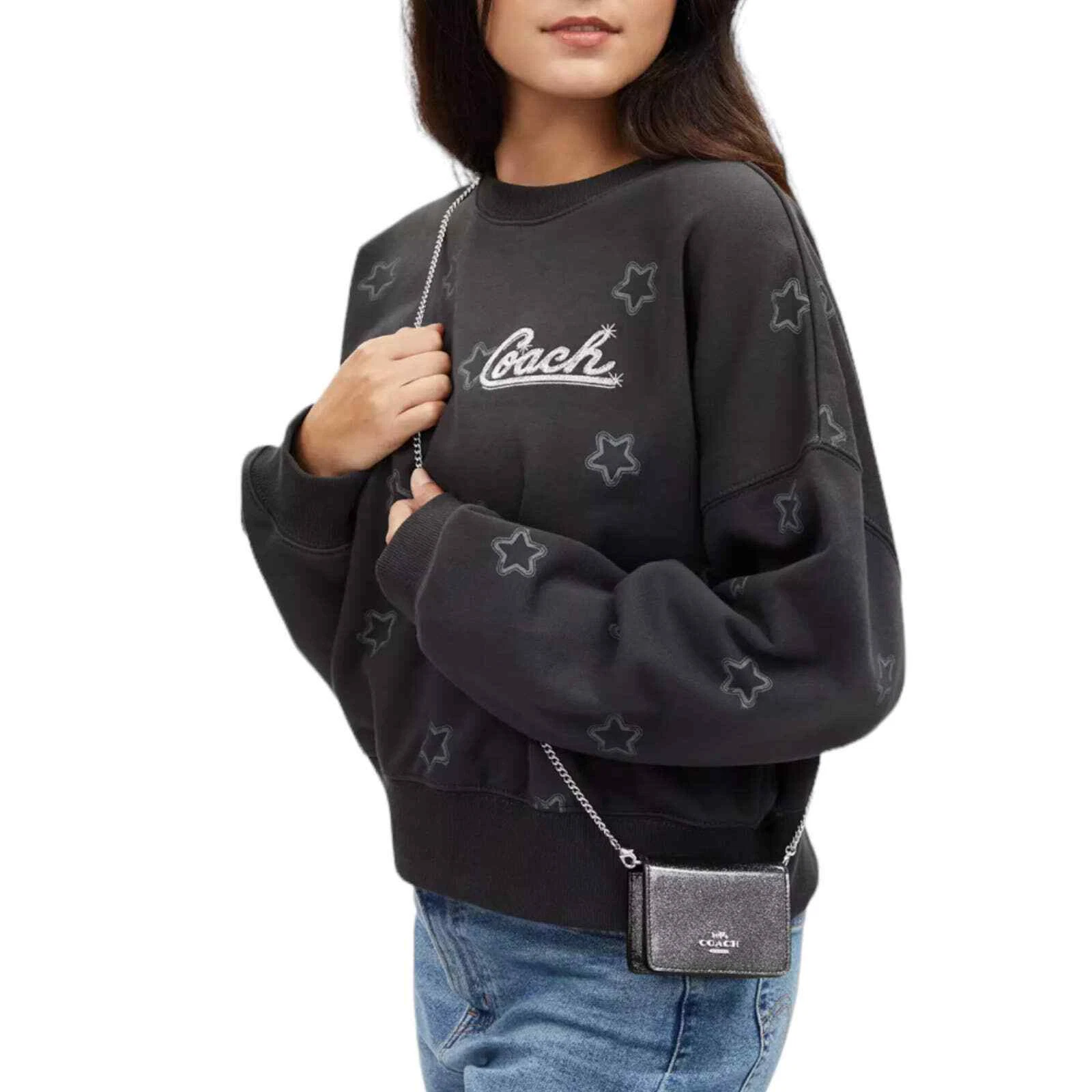 NUOVO MINI PORTAFOGLIO COACH A CATENA Gunmetal Glitter Pelle Patinata Argento Grigio + SCATOLA