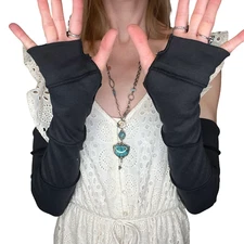 Long Cotton Gloves Black Hand Warmers Long Armwarmers Patchwork Reversible NEW