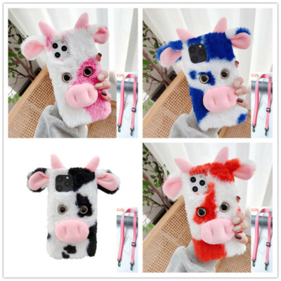 Bling Diamond Rabbit Fur Case Soft Cow Fluffy Plush Protective Crossbody Strap