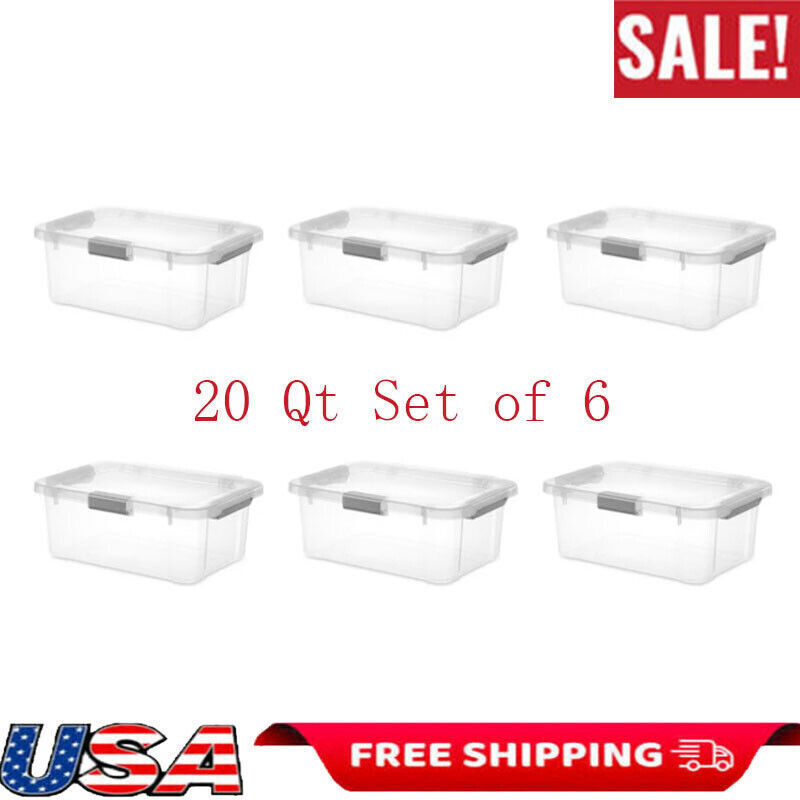 6-Piece 20 Quart Clear Stackable Hinge Lid Storage Bin