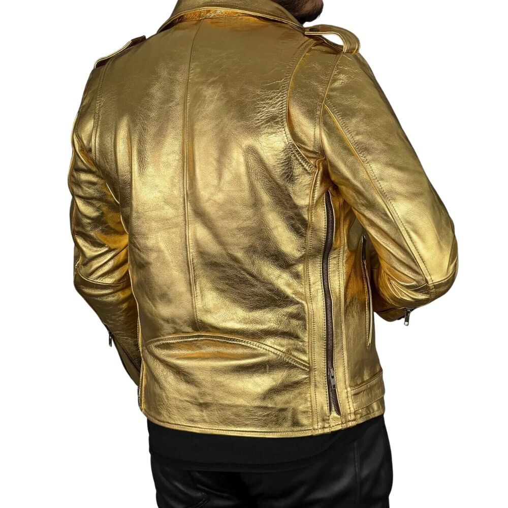 Men's Gold Genuine Cowhide Leather Biker Jacket with Golden