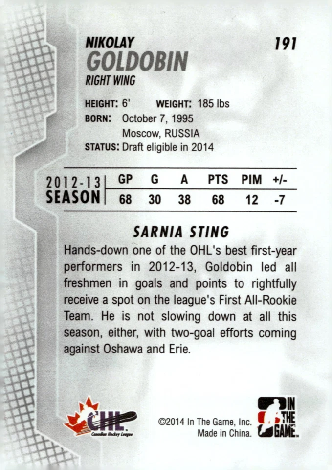 Nikolay Goldobin - Signed 2013-14 In The Game Heroes And Prospects 3D Card #191 - Image 2 of 2