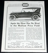 1919 OLD PRINT AD, ELKHART, ELCAR TOURING MOTOR CAR, HAS NO MEDIUM PRICE RIVAL!