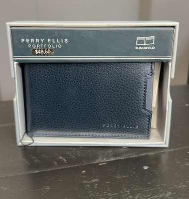 NWT Perry Ellis Pebble Slim Bifold Wallet, Navy, $49.50 MSRP