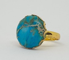 Round semi-precious Pale Blue Ocean Jasper gold-plated adjustable statement ring