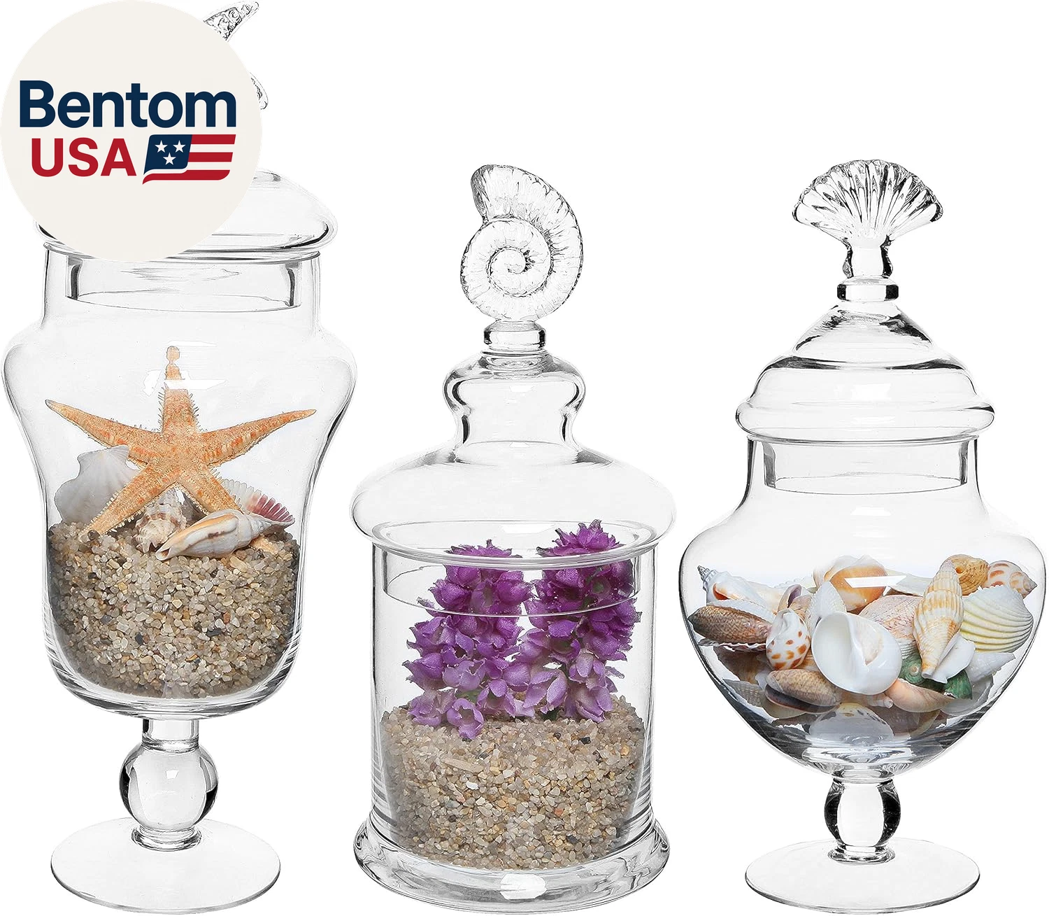 Clear Glass Apothecary Jars with Lid, Decorative Seashell Design Bathroom Canist