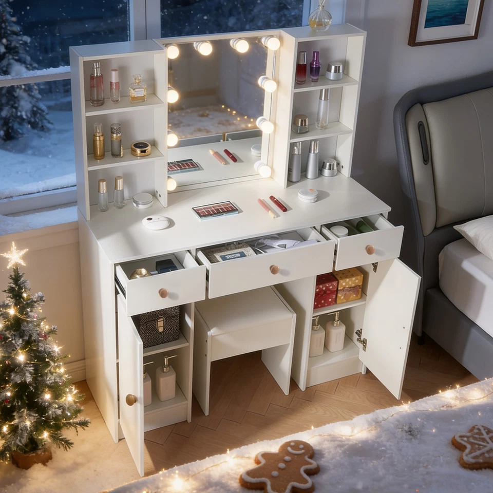 YAMISSI Dressing Table Set w/ 10 LED Lighted Mirror and 3 Drawers & Storage Cabinets