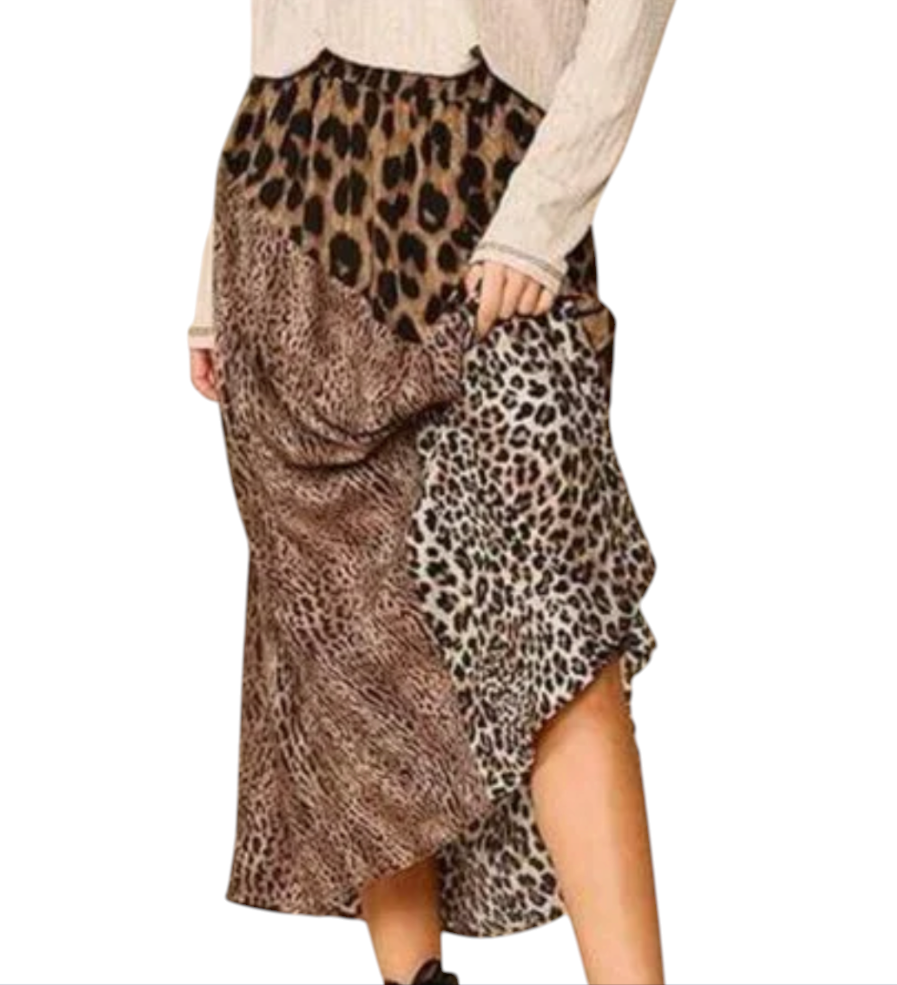 GIGIO UMGEE MIDI SKIRT Soft Flowy Pull-On LEOPARD PRINT PATCHWORK Brown/Black L